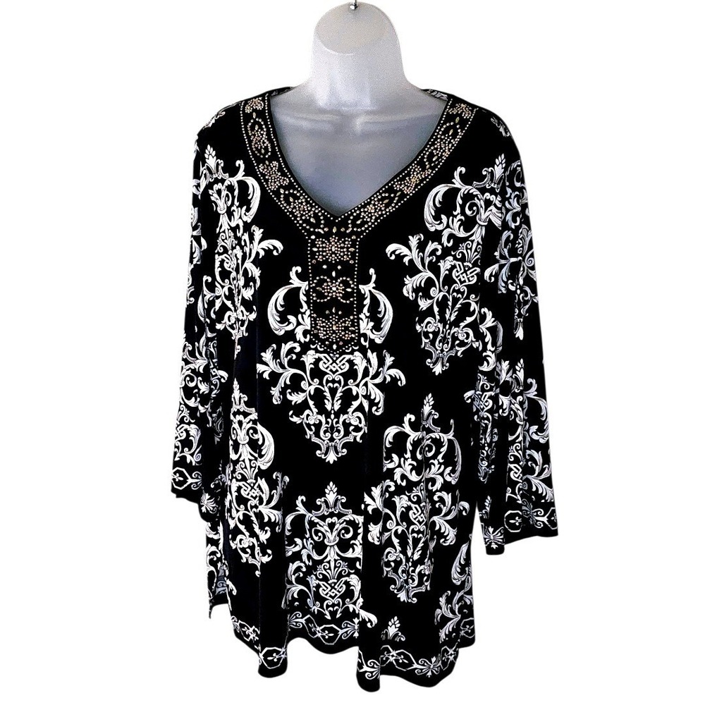 JM Collection Woman Black‎ White Damask Beaded V Neck Tunic Top Plus Size 2X